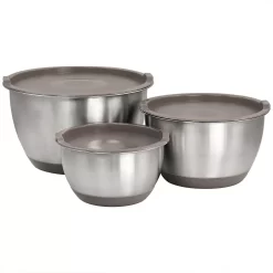 Gibson Everyday 3 Piece Stainless Steel Mixing Bowl Set With Lids In Taupe