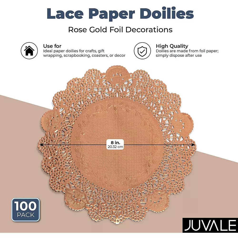 Lace Paper Doilies, Rose Gold Foil Placemats (8 In, 100 Pack) 2 Lace Paper Doilies, Rose Gold Foil Placemats (8 In, 100 Pack) - Image 2